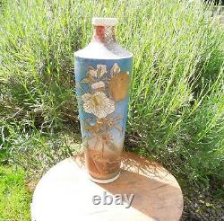Large Antique Stoneware Satsuma Vase Unusual Lily Design, 18 1/2