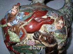 Large Japanese Moriage Satsuma Jug With Warriors In High Relief Figures