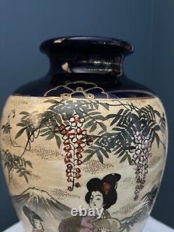 Large Japanese Satsuma Hand-painted Porcelain Vase With Cobalt Blue Background