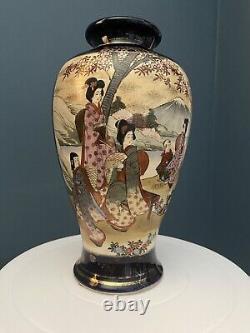 Large Japanese Satsuma Hand-painted Porcelain Vase With Cobalt Blue Background