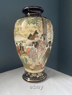 Large Japanese Satsuma Hand-painted Porcelain Vase With Cobalt Blue Background