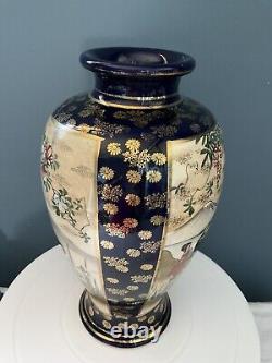 Large Japanese Satsuma Hand-painted Porcelain Vase With Cobalt Blue Background