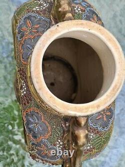 Large Japanese Satsuma Moon Flask Vase with Dragon Handles Hand Painted w Enamel