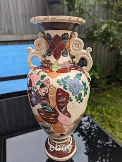 Large Japanese Twin Scroll Handled Satsuma Earthenware Vase Meiji/Taisho