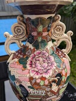 Large Japanese Twin Scroll Handled Satsuma Earthenware Vase Meiji/Taisho