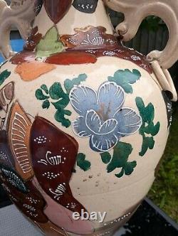 Large Japanese Twin Scroll Handled Satsuma Earthenware Vase Meiji/Taisho