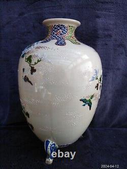 Large Signed 32cm Japanese Satsuma Footed Moriage Vase Hand Painted Enamel