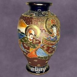 Large Vintage Japanese Satsuma Immortals Vase Cobalt Rim 12 With 45 Year Notes