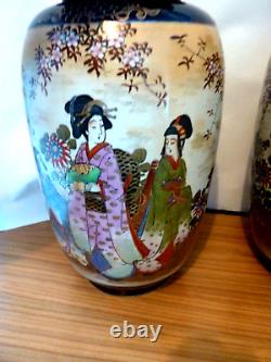 Large Vintage Pair Japanese Satsuma Vases Hand Decorated With Geisha Signed