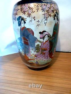 Large Vintage Pair Japanese Satsuma Vases Hand Decorated With Geisha Signed