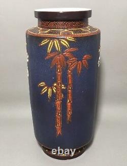 Large marked Kinkozan Moriage Japanese Satsuma Vase Blue with Cherry Blossom