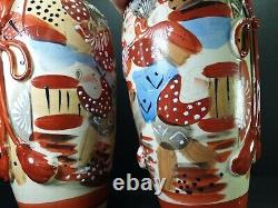 Lovely Pair Of Vintage Red Satsuma Vases Japanese 31cm