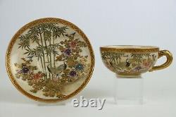 Lovely japanese Satsuma cup and saucer, marked, cranes & flowers Meiji 19thC