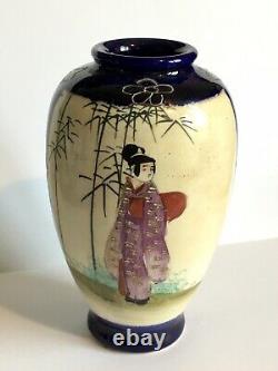 Miniature Japanese Satsuma Vase Cobalt Blue Geisha Moriage Signed Kusube Yaichi