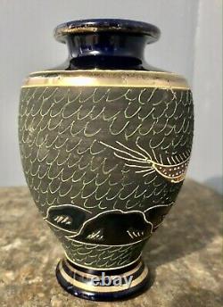 Moriage Satsuma Japan Gold Gilt Vase with Cobalt Blue-Hand Painted Dragonware