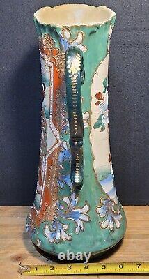Oriental ElegantJapanese Satsuma Hand Painted Slipware Earthenware Ewer 16 High
