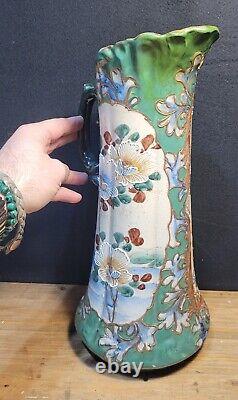 Oriental ElegantJapanese Satsuma Hand Painted Slipware Earthenware Ewer 16 High