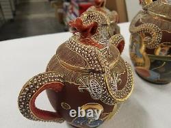 Ornate Vintage Japanese Satsuma Dragon Tea Set withRaised Moriage Decor