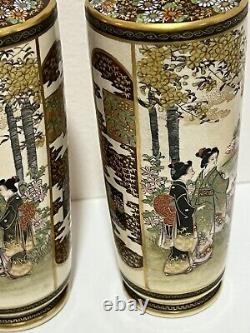 PAIR Japanese Satsuma Porcelain Hand Painted Vases GOLD ACCENTED MEIJI SIGNED