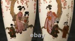 Pair 2 Antique Japanese Meiji Period Satsuma Vases Women Earthenware Pottery Old