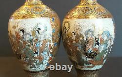 Pair Antique Japanese Satsuma 4.5 Miniature Vases, Figural Decoration