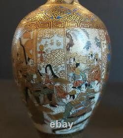 Pair Antique Japanese Satsuma 4.5 Miniature Vases, Figural Decoration