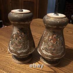 Pair Antique Japanese Satsuma Miniature Vases Were Lamps Signed Meiji Period
