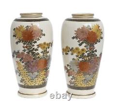 Pair Antique Japanese Satsuma Pottery Vases Hand Painted with Chrysanthemums