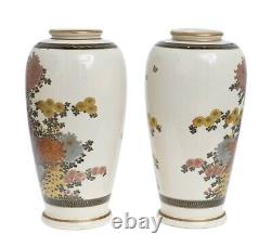 Pair Antique Japanese Satsuma Pottery Vases Hand Painted with Chrysanthemums