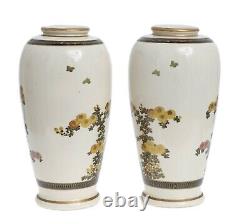 Pair Antique Japanese Satsuma Pottery Vases Hand Painted with Chrysanthemums