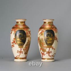Pair Antique Meiji Japanese Satsuma Vases 19C Japan Black Millefiori Hayakawa