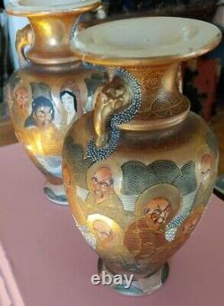 Pair Antique Satsuma Vases Meiji Period Faces Signed
