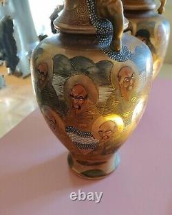 Pair Antique Satsuma Vases Meiji Period Faces Signed