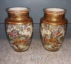 Pair Fine Antique Japanese Satsuma Ceramic Vases Signed 10 inches