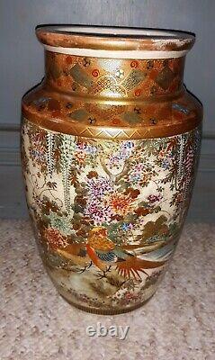 Pair Fine Antique Japanese Satsuma Ceramic Vases Signed 10 inches