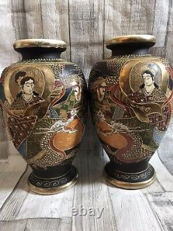 Pair Japanese Moriage Satsuma Vases Hand Painted Black & Gold 10 Tall