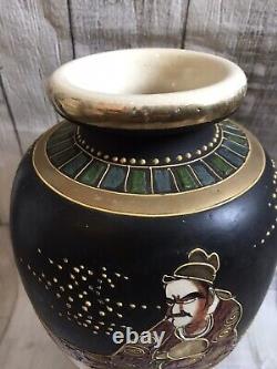 Pair Japanese Moriage Satsuma Vases Hand Painted Black & Gold 10 Tall