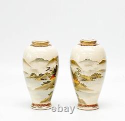 Pair Japanese Ozan Satsuma Hand Painted Porcelain Vases Lake Scenes Meiji Period