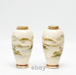 Pair Japanese Ozan Satsuma Hand Painted Porcelain Vases Lake Scenes Meiji Period