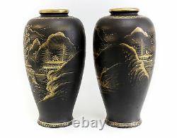 Pair Japanese Satsuma Pottery Vases Black Matte glaze handpainted gold gilt