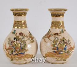 Pair Japanese Satsuma Vase Samurai Warriors Crackled Porcelain Meiji Moriage