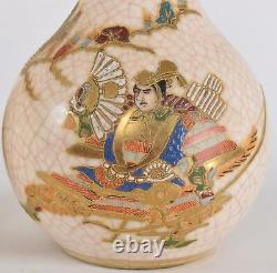 Pair Japanese Satsuma Vase Samurai Warriors Crackled Porcelain Meiji Moriage