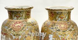 Pair Large Japanese Satsuma Hand Painted Porcelain Vases, Meiji Period
