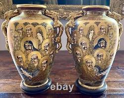 Pair Large Satsuma Vases Pottery Signed Immortals Dragons 10.5
