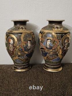 Pair Of 10 Inches Samurai Decor Satsuma Vase Japan