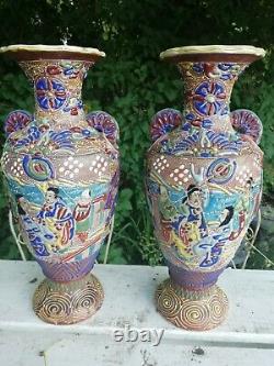 Pair Of Antique Japanese Satsuma Meiji Period Porcelain Satsuma Vases 30cm High