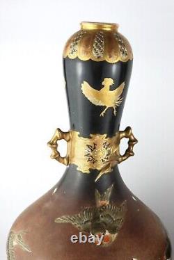 Pair Of Antique Meiji Japanese Satsuma Vases, Sparrows, Rooster Emblem