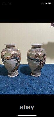 Pair Of Antique Satsuma Ware Flower Cases 9 Inches Japanese