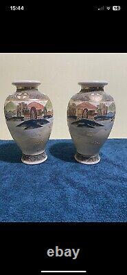 Pair Of Antique Satsuma Ware Flower Cases 9 Inches Japanese