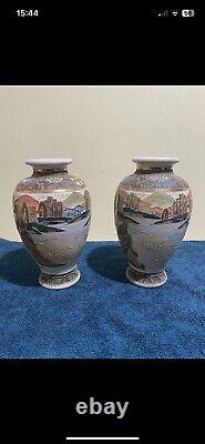 Pair Of Antique Satsuma Ware Flower Cases 9 Inches Japanese